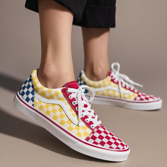 Vans Other - Vans Youth 7 Red Yellow Blue Checkerboard Low Top Skate Shoes Retro Classic